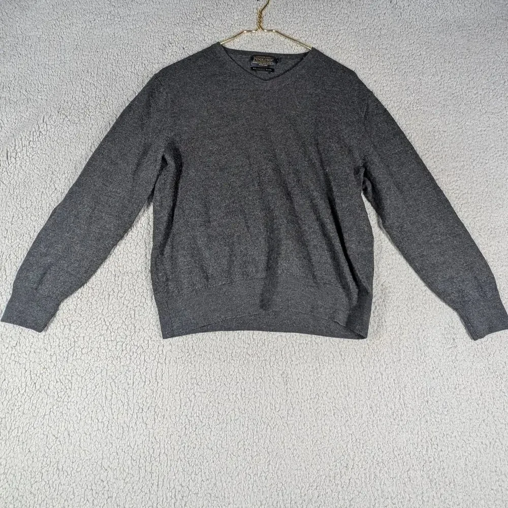 Pendleton Sweater Mens Large Gray Washable Wool Merino V Neck Pullover Classic